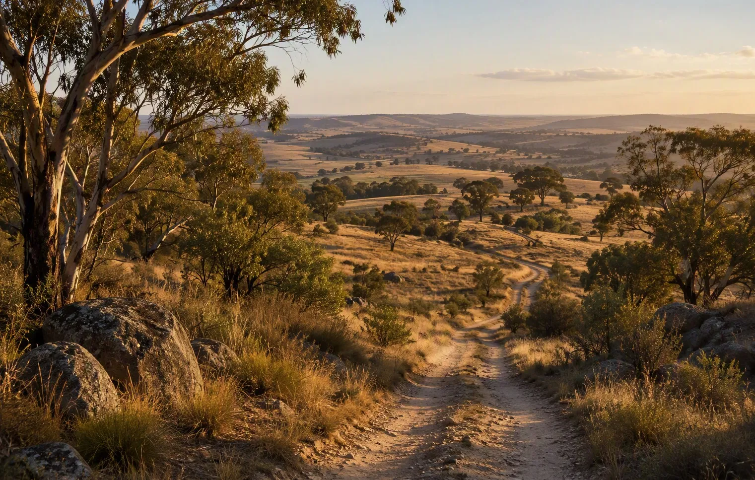 A single-track trail through low bush, morning light across it.