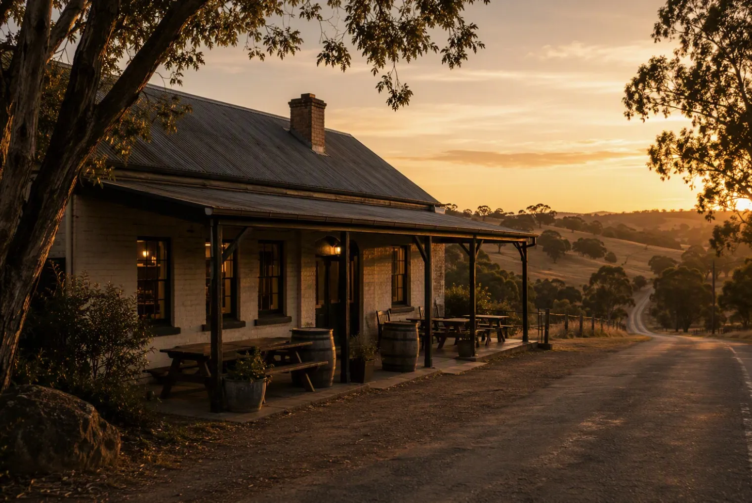A country pub verandah in late afternoon light.