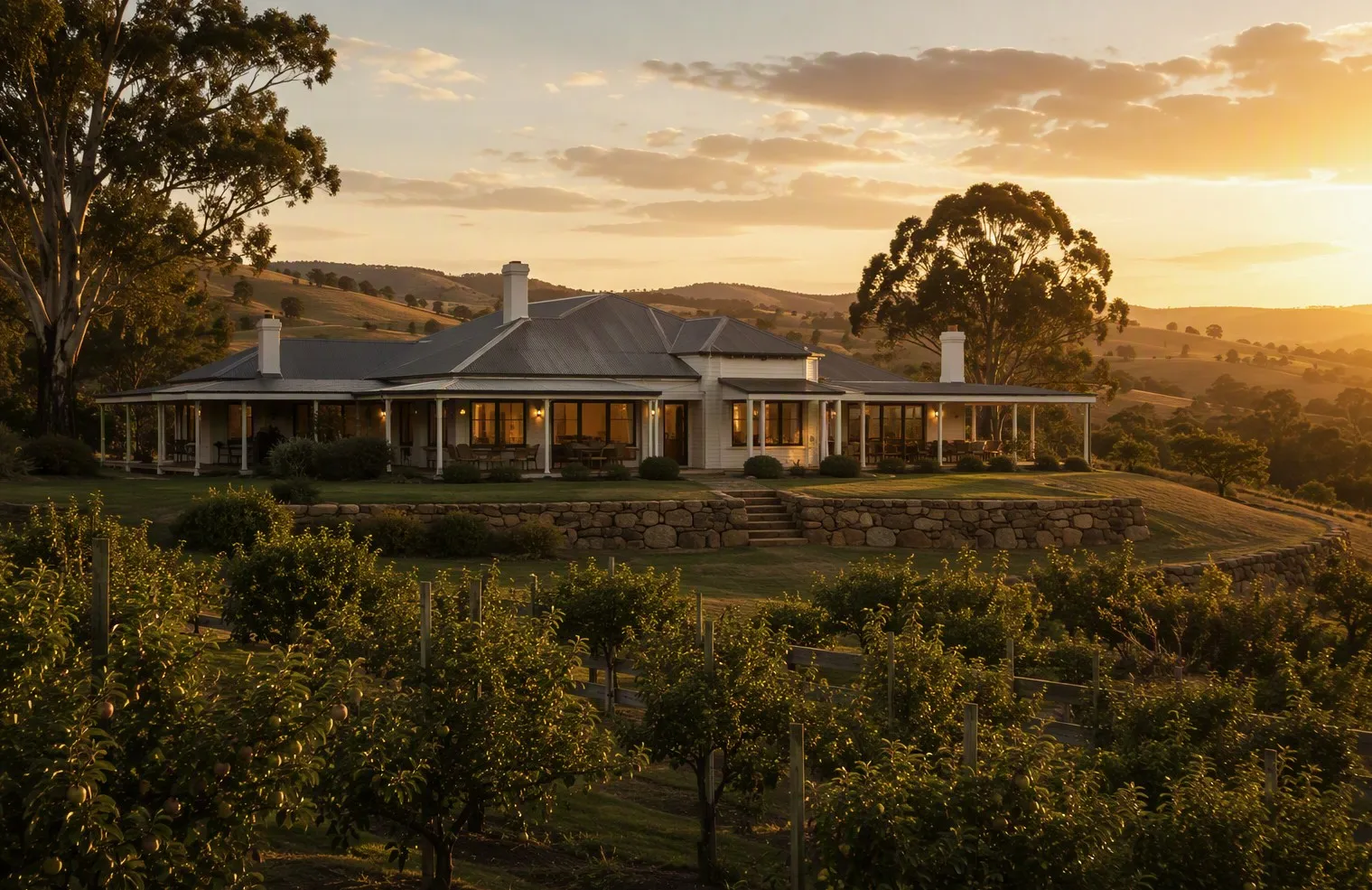 Orchard House at the top of the slope, verandah wrapping around three sides.
