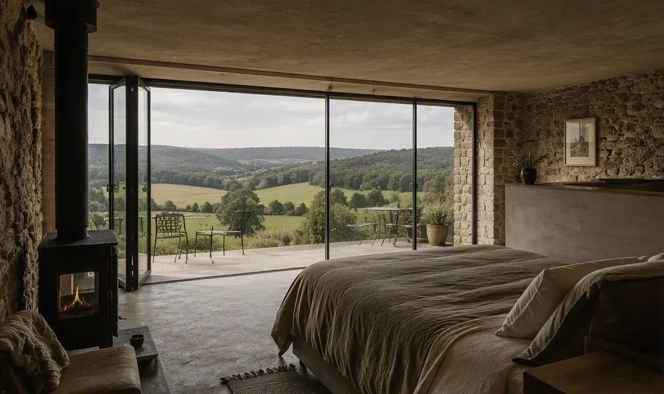 The Dairy at first light, its window wall reflecting the paddock beyond.